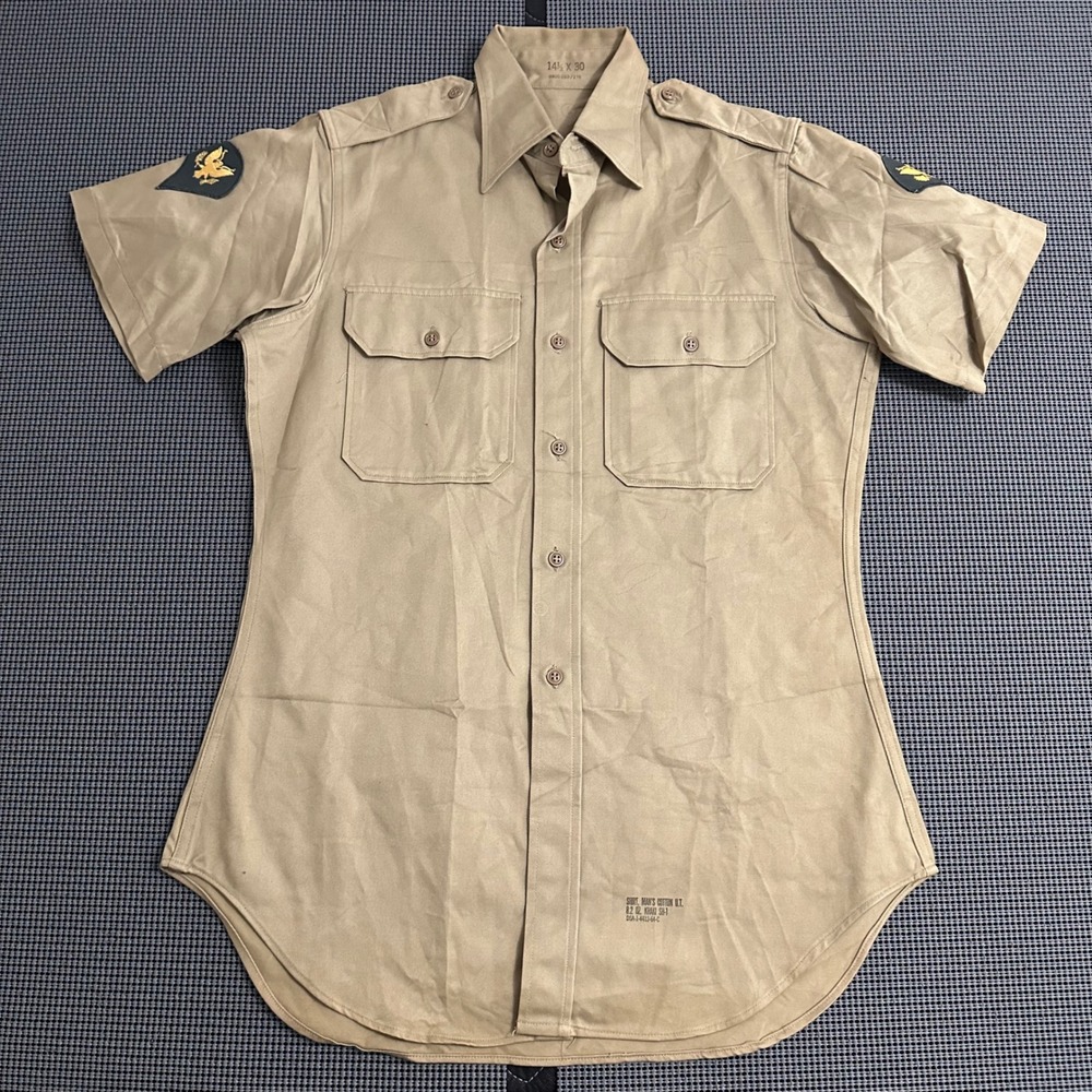 Vintage US Army Khaki Cotton Utility Shirt Short Sleeve Specialist‎ Rank 14.5x30